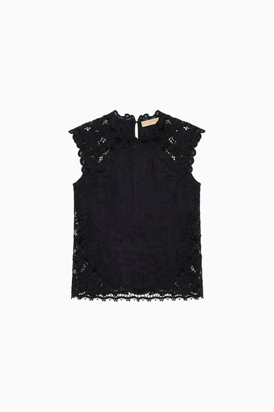 ⁣⁢Noir Lino Amelie Top con bordi in pizzo sangallo floreale - Piatto | Ulla Johnson⁤⁣