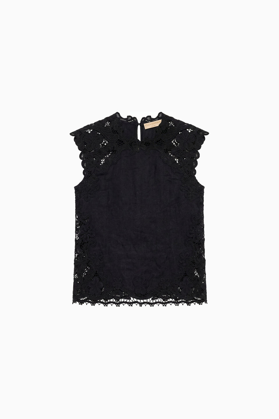 ⁣⁢Noir Lino Amelie Top con bordi in pizzo sangallo floreale - Piatto | Ulla Johnson⁤⁣