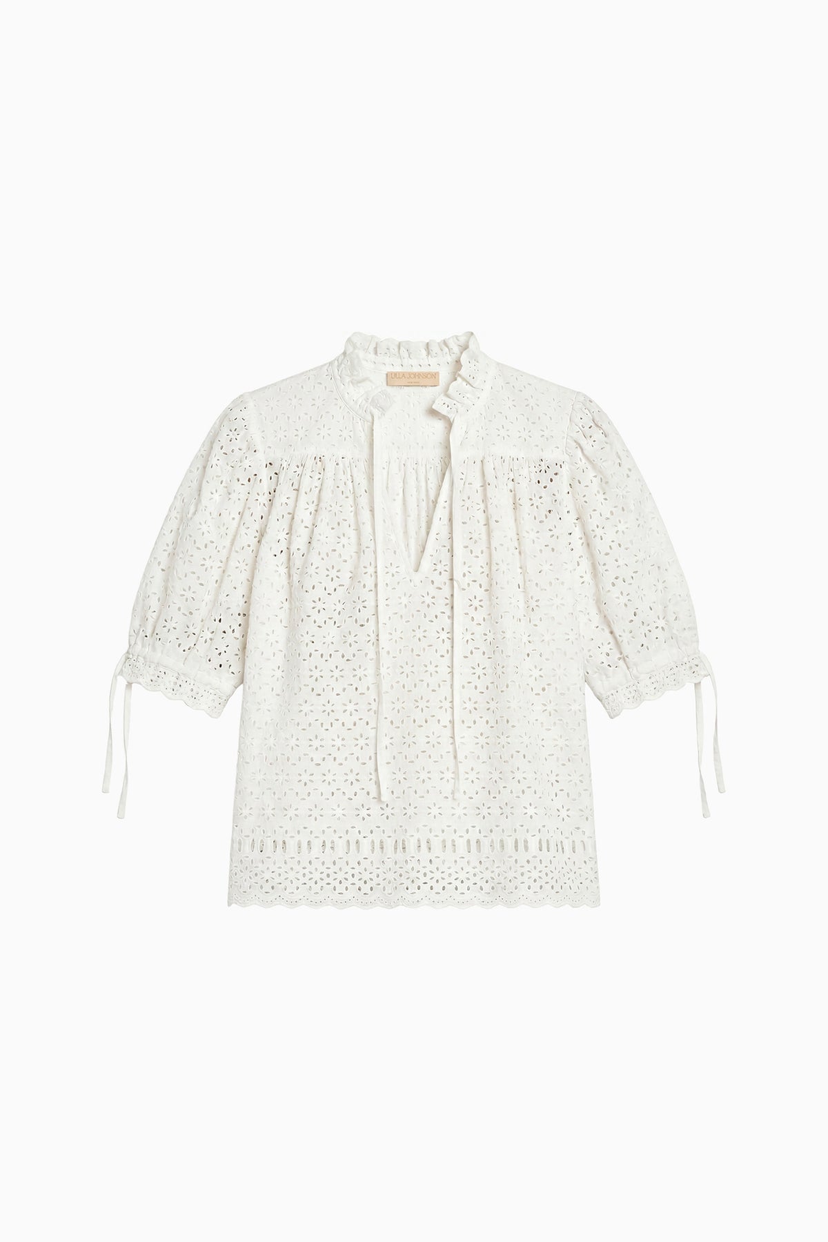 Pristine White Designer Cotton Eyelet Blouse - Flat Lay, Tie Cuffs & Ruffle Collar | Ulla Johnson