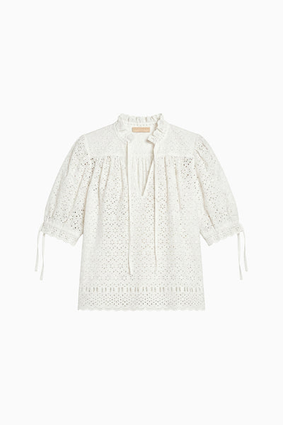 Pristine White Designer Cotton Eyelet Blouse - Flat Lay, Tie Cuffs & Ruffle Collar | Ulla Johnson