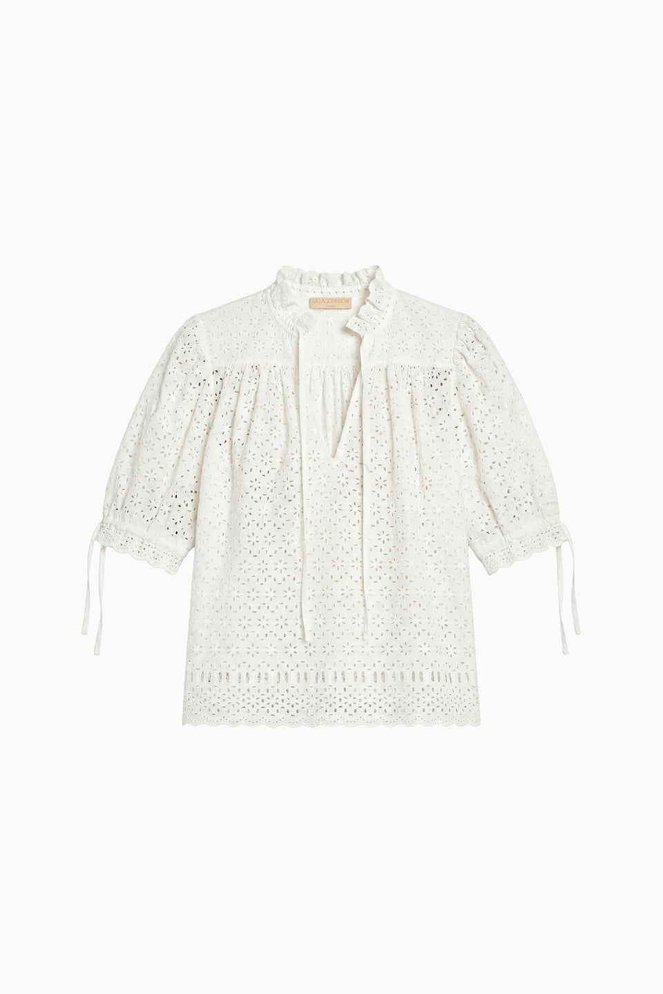 Pristine White Designer Cotton Eyelet Blouse - Flat Lay, Tie Cuffs & Ruffle Collar | Ulla Johnson