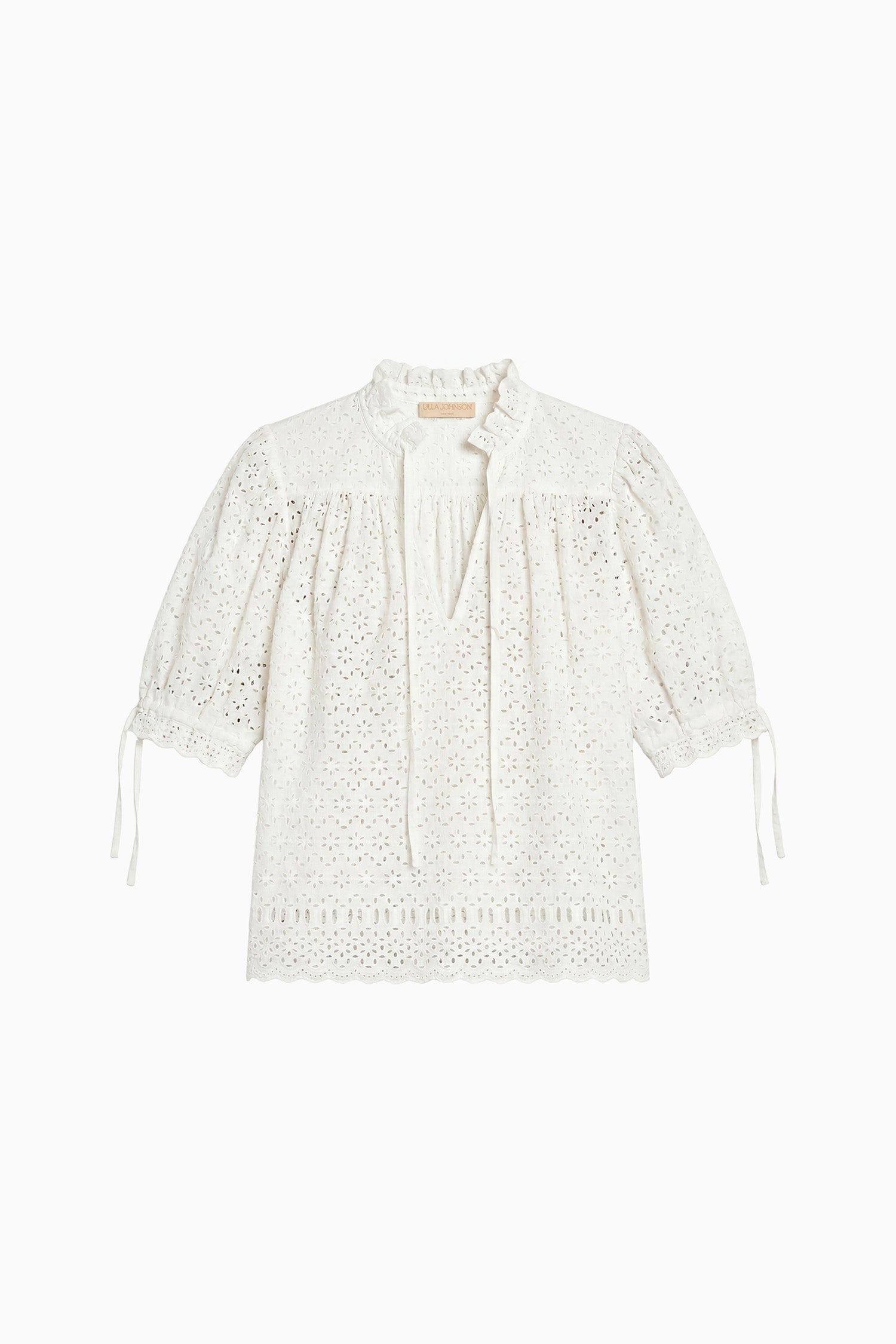Ulla Johnson Pristine White Designer Cotton Eyelet Blouse - Flat Lay, Tie Cuffs & Ruffle Collar | Ulla Johnson
