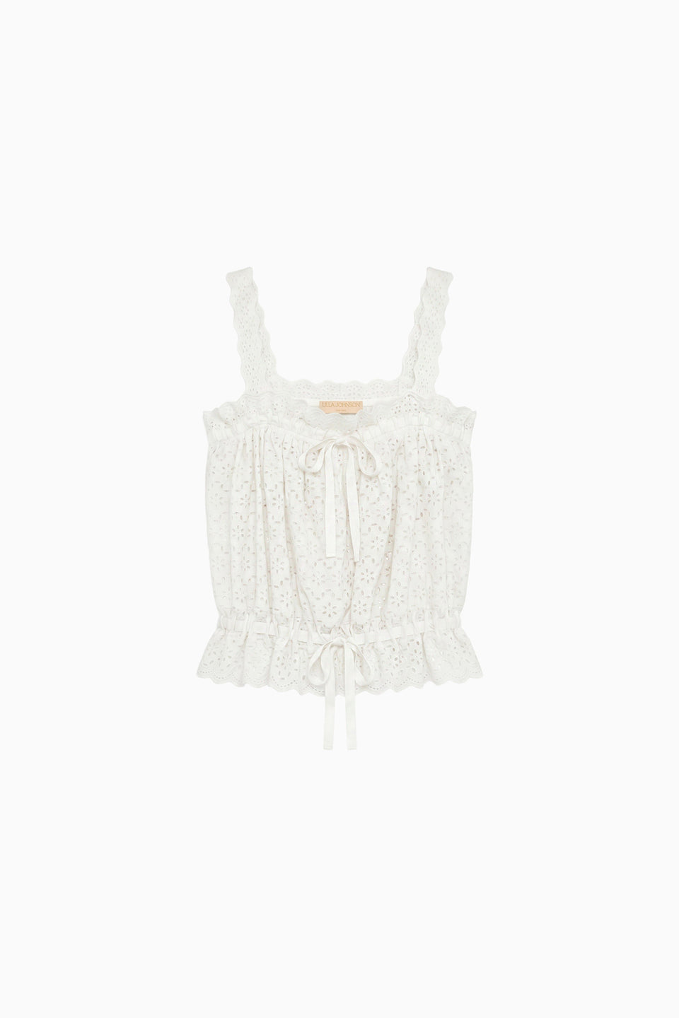 Pristine White Designer Cotton Eyelet Top - Flat Lay with Ribbon Ties & Ruffle Hem | Ulla Johnson