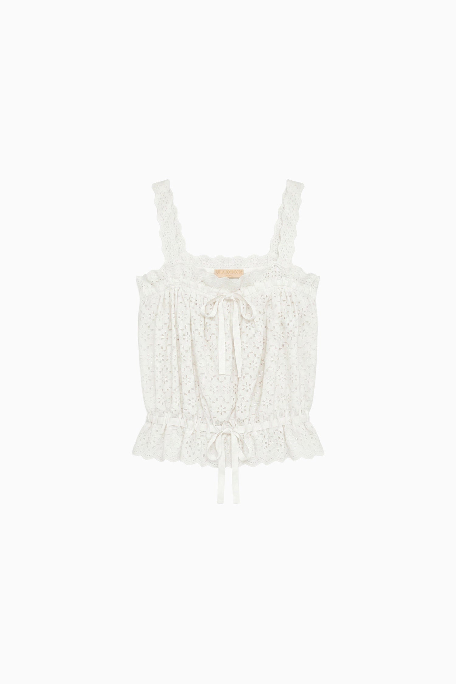Ulla Johnson ⁣⁢Top en coton blanc Pristine de créateur à œillets - Vue à plat avec liens en ruban et ourlet à volants | Ulla Johnson⁤⁣