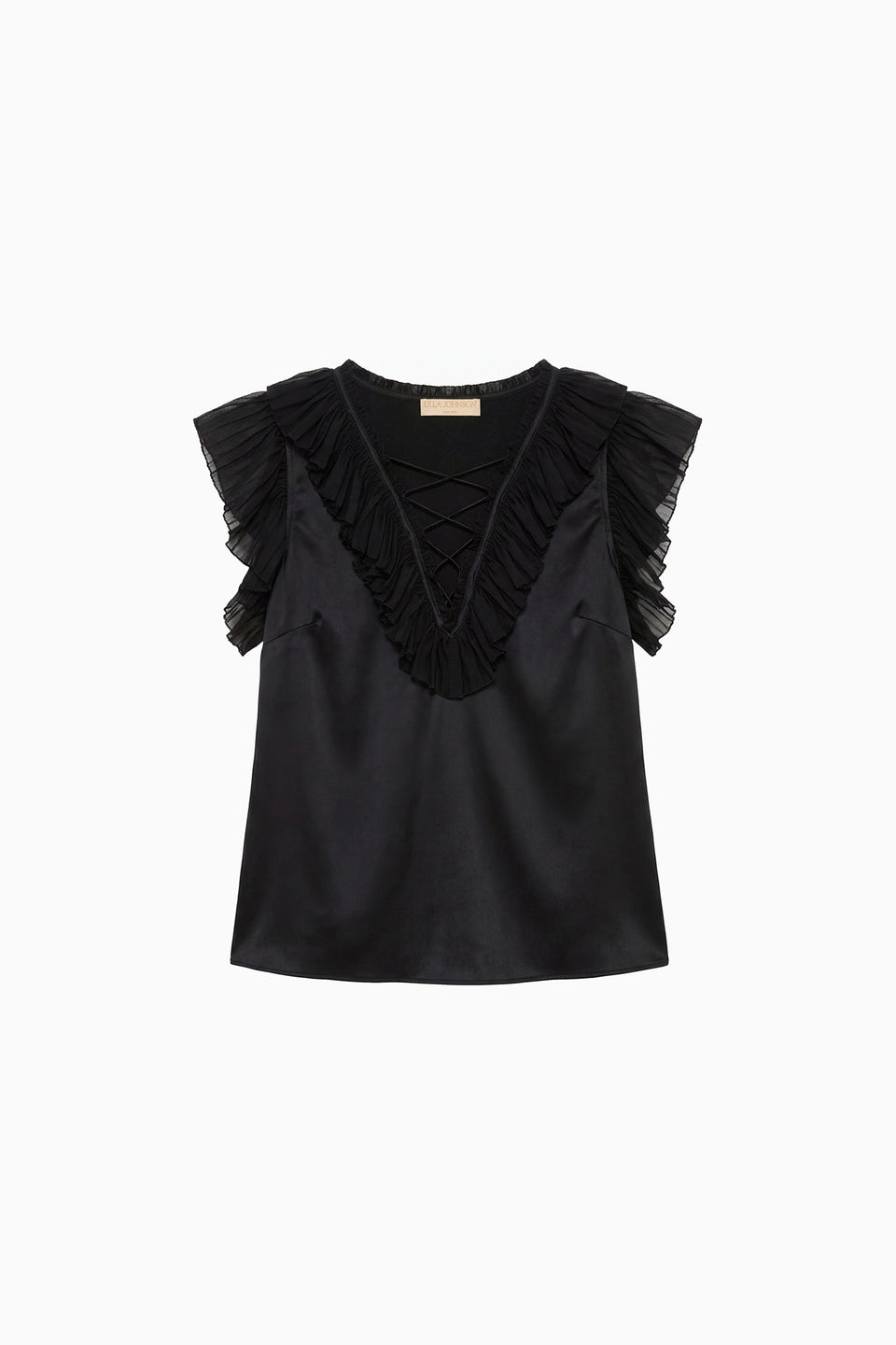 Noir Premium Silk-Satin Lace-Up Top with Layered Chiffon Ruffles - Flat Lay | Ulla Johnson