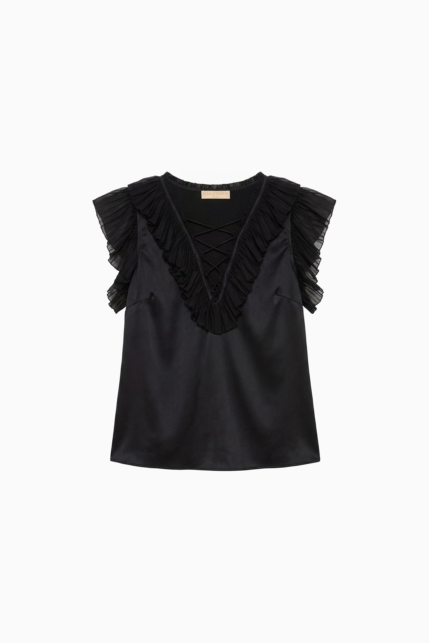 Ulla Johnson Noir Premium Silk-Satin Lace-Up Top with Layered Chiffon Ruffles - Flat Lay | Ulla Johnson