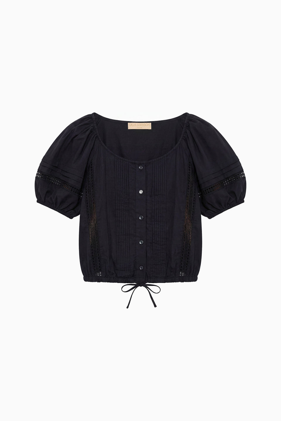 Noir Cotton Voile Clara Cropped Top - Flat Lay, Pintuck & Drawstring Hem Detail | Ulla Johnson
