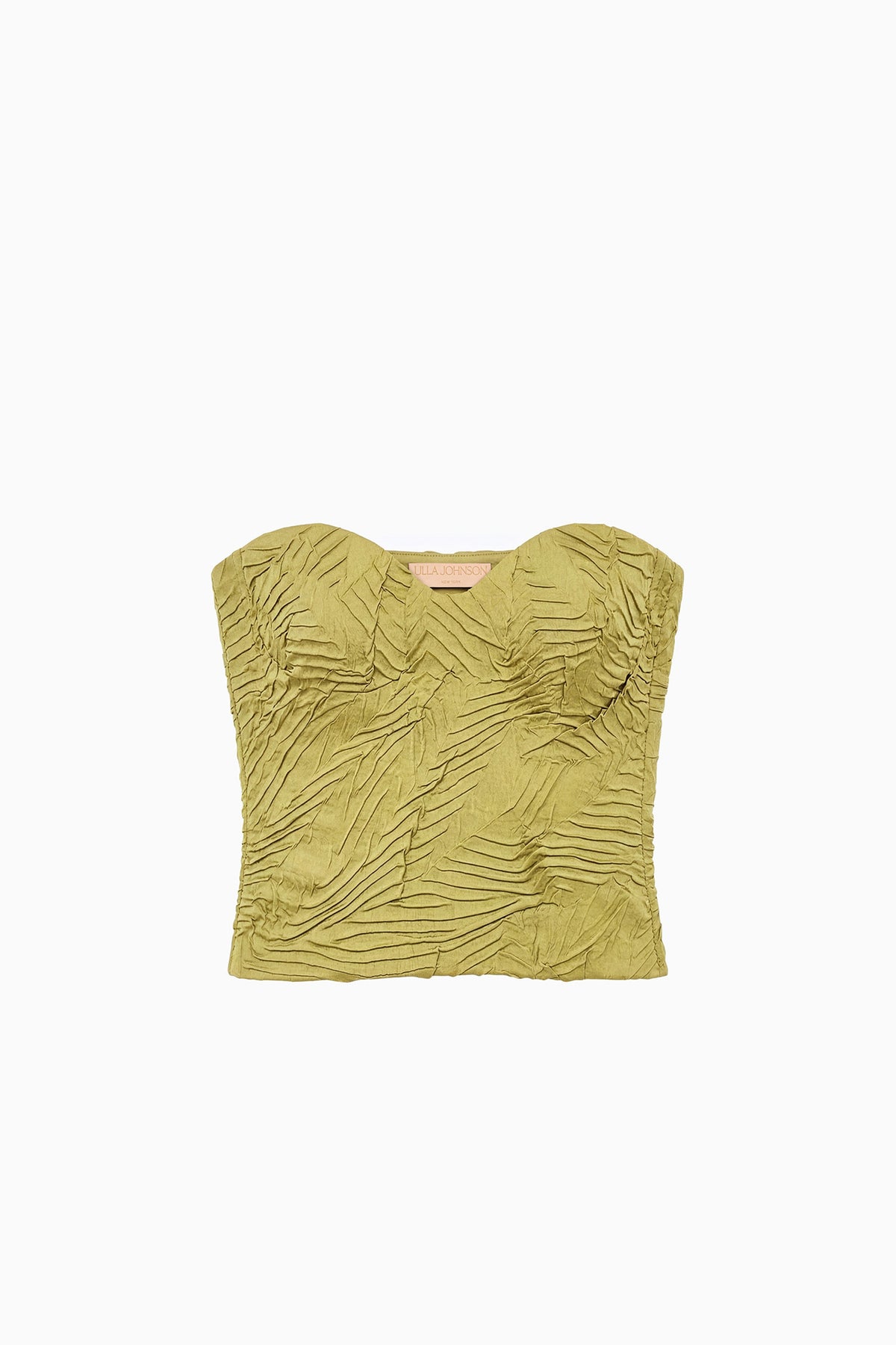 Moss Gold Wave Crinkled Satin Cropped Bustier Top - Flat Lay | Ulla Johnson