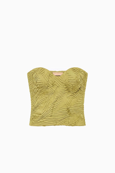 Moss Gold Wave Crinkled Satin Cropped Bustier Top - Flat Lay | Ulla Johnson