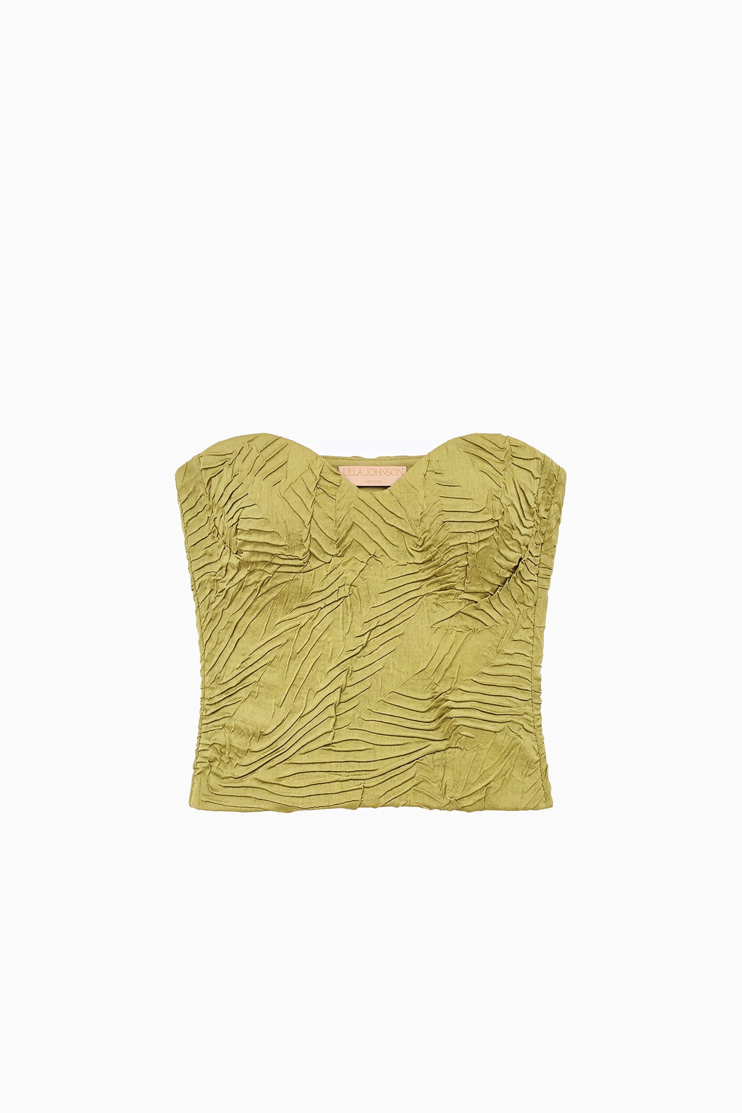 Ulla Johnson Moss Gold Wave Crinkled Satin Cropped Bustier Top - Flat Lay | Ulla Johnson