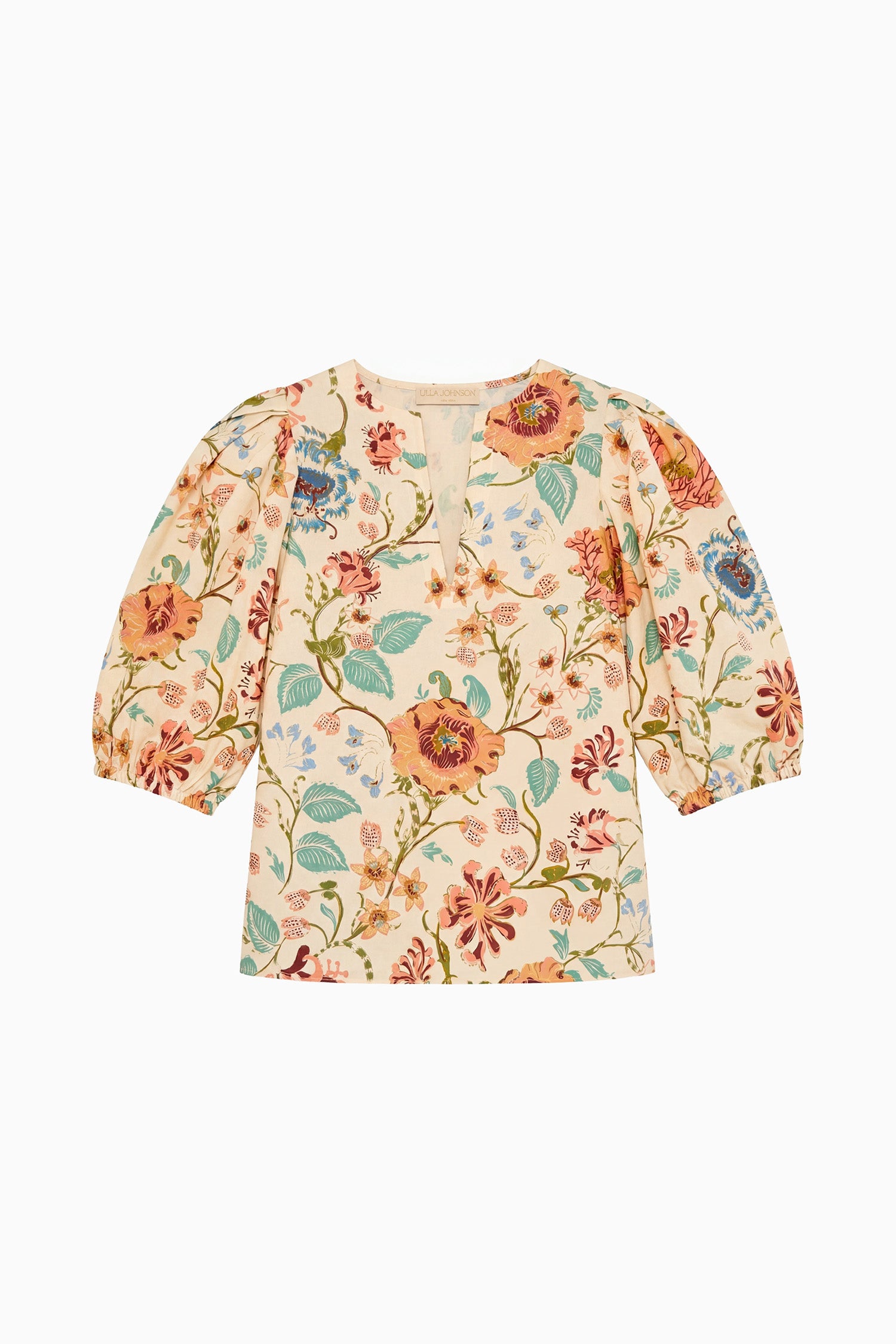 Ulla Johnson Abalone Floral Cotton Poplin Top - Flat Lay, Designer Puff Sleeve Blouse | Ulla Johnson