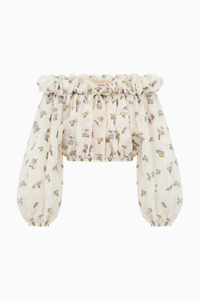 Ondine Violet Leaf Off-Shoulder Organza Blouse, Balloon Sleeves - Flat Lay | Ulla Johnson