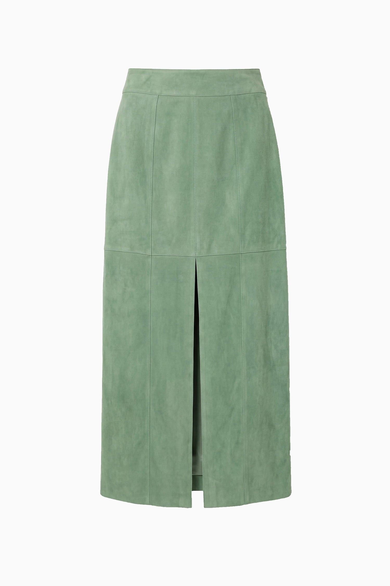 Ulla Johnson Aventurine Green Suede Midi Pencil Skirt with Front Slit - Flat Lay | Ulla Johnson