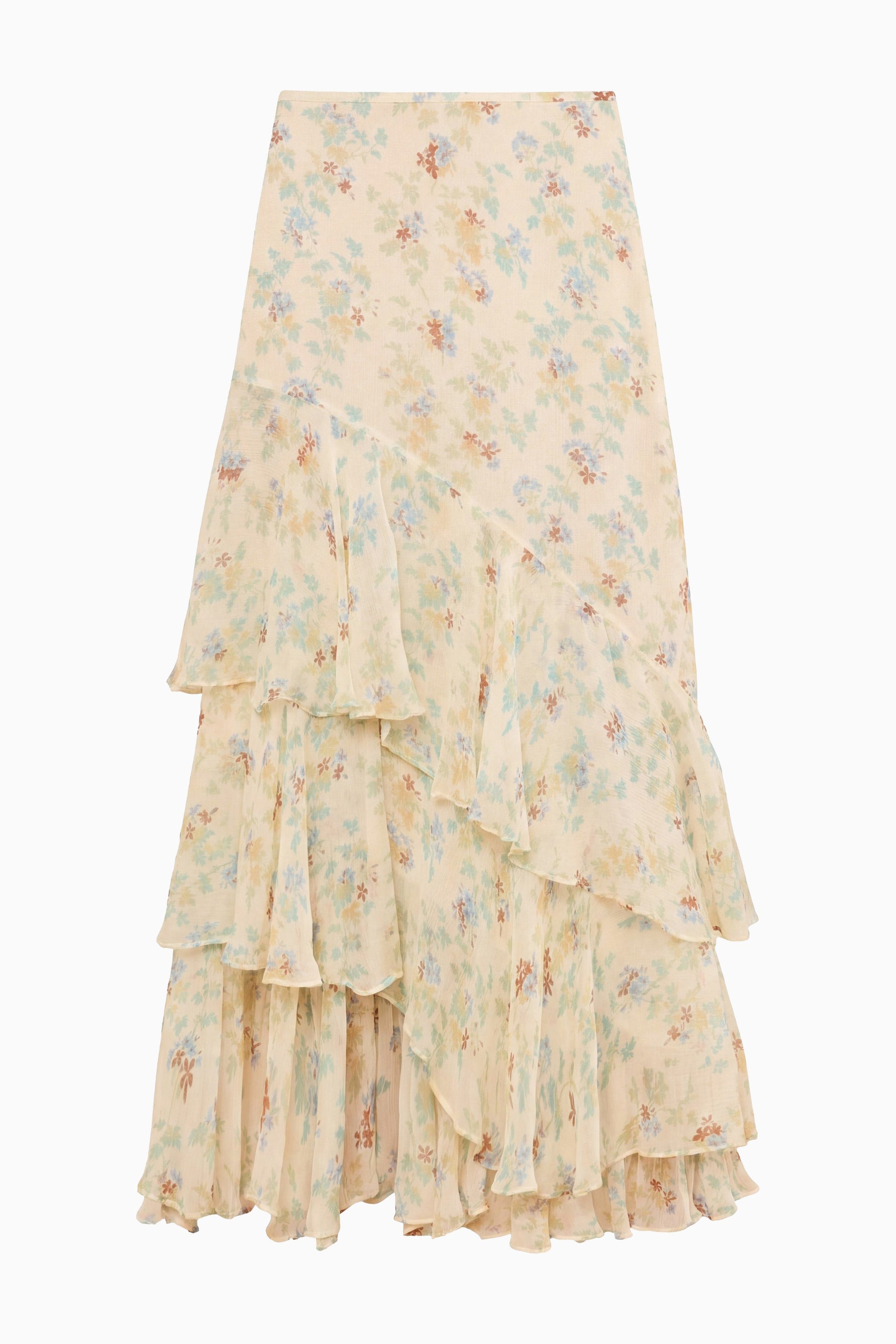Ulla Johnson Cream Botanical Floral Silk Chiffon Tiered Midi Skirt - Flat Lay | Ulla Johnson