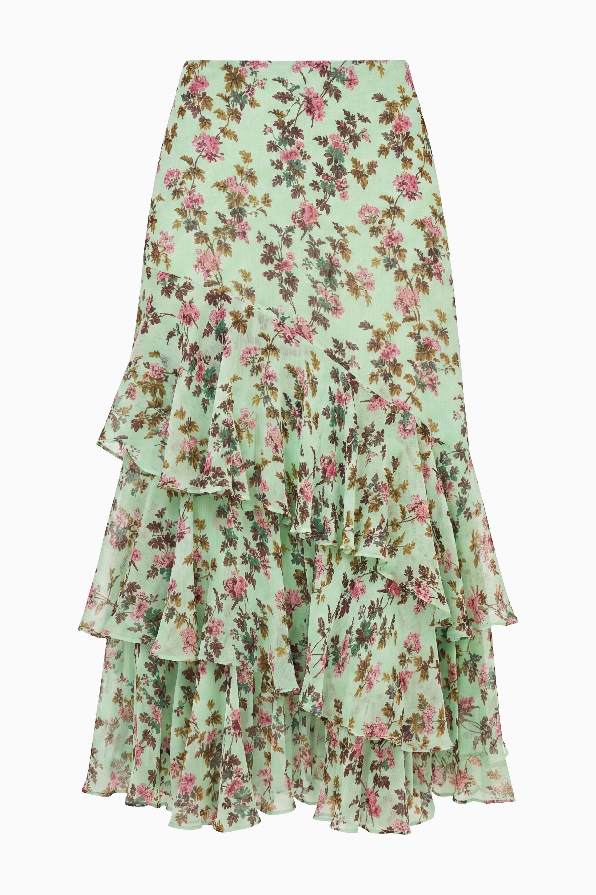 Ulla Johnson Opaline Mint Floral Silk Chiffon Tiered Midi Skirt - Flat Lay | Ulla Johnson
