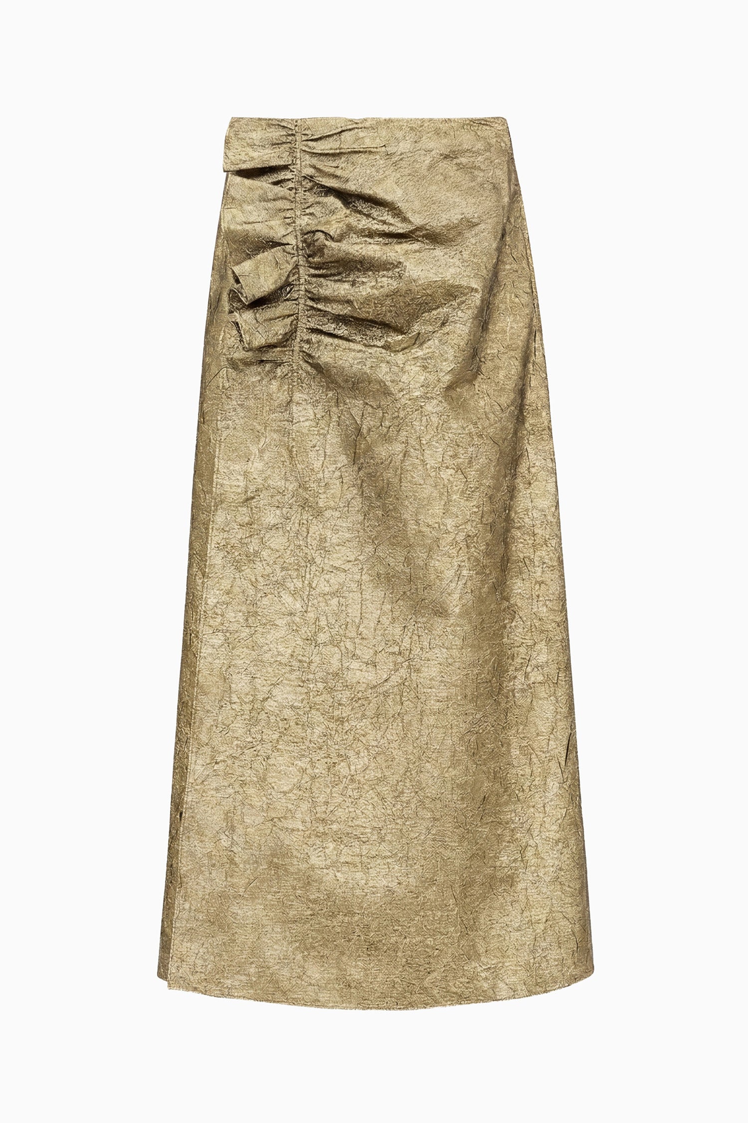 Ulla Johnson Ellis Designer Gold Taffeta Midi Skirt - Flat Lay, Ruched Detail | Ulla Johnson