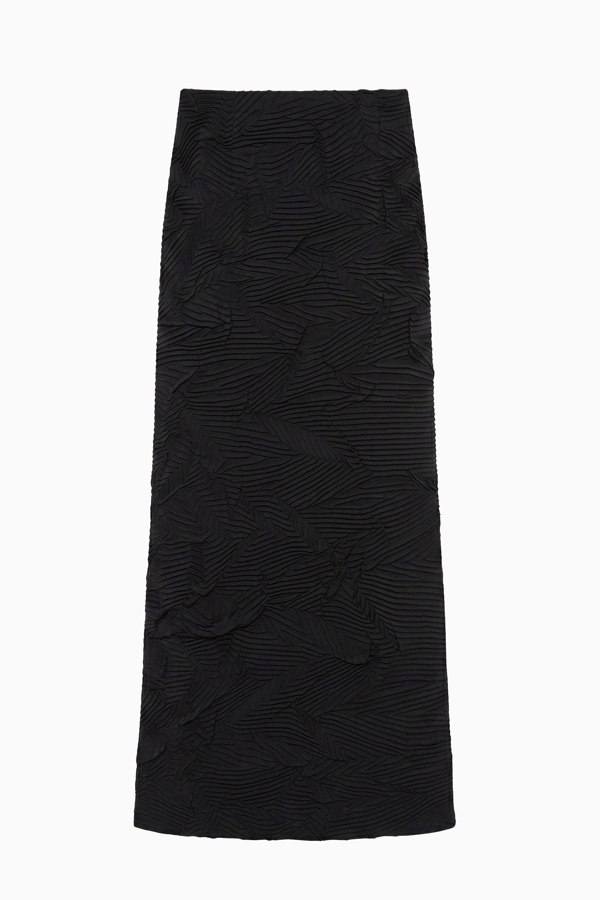 Black Designer Crinkle Satin Pencil Midi Skirt - Flat Lay | Ulla Johnson