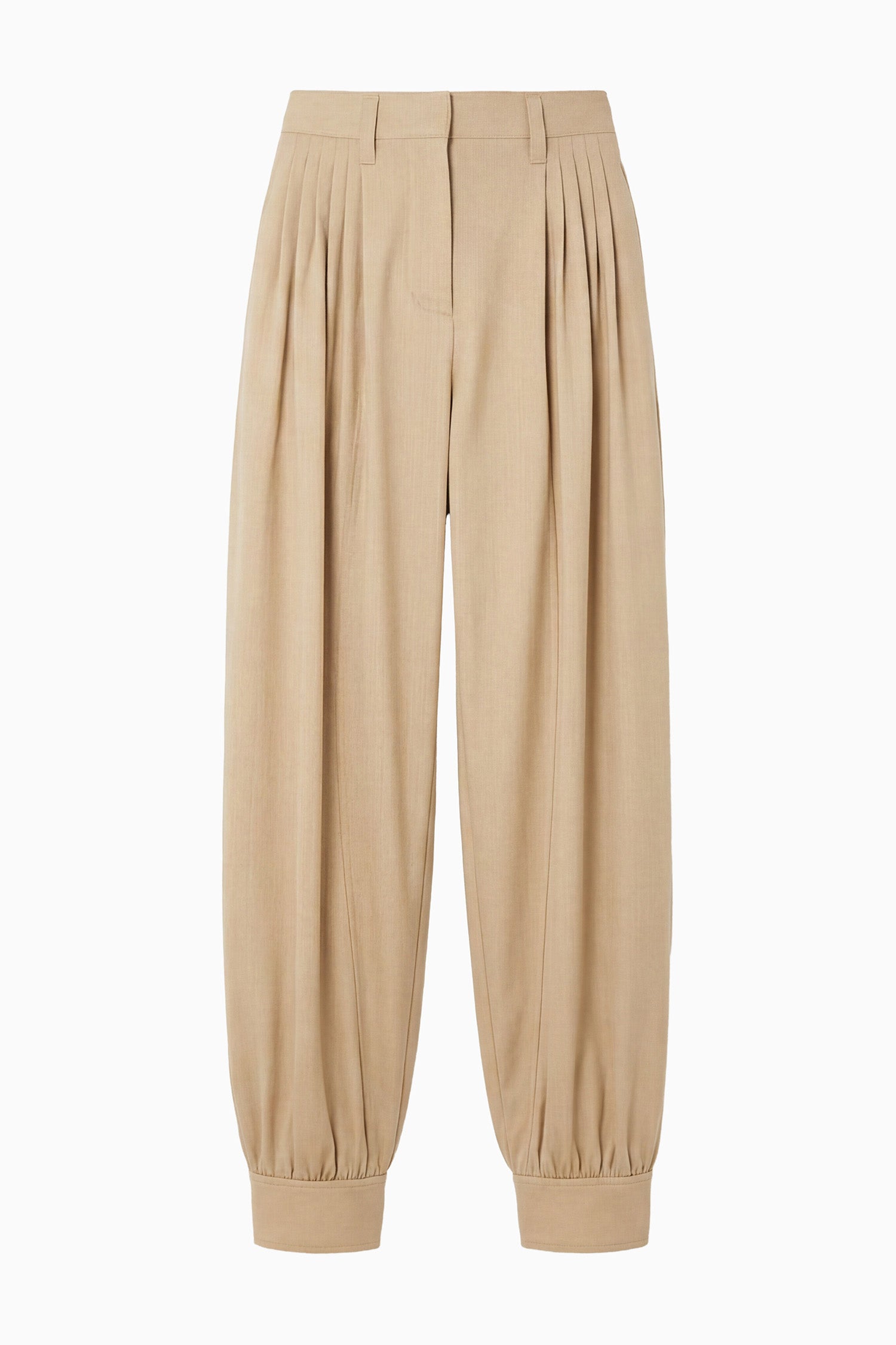 Ulla Johnson Dunewood Tan Luella Pleated Wool-Blend Pant - Flat Lay, Tapered Cuff | Ulla Johnson