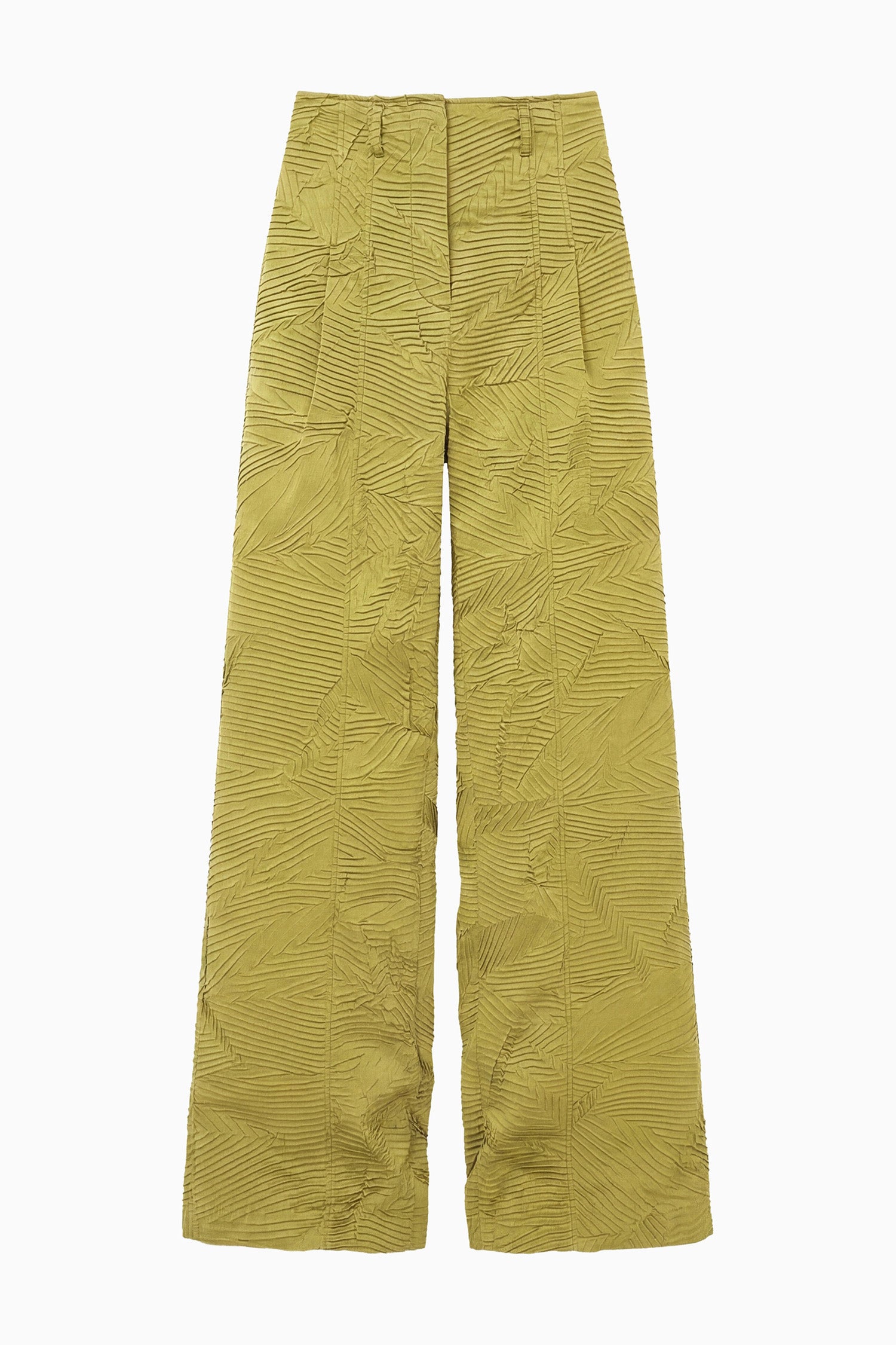 Ulla Johnson ⁣⁢Pantalone a gamba larga in raso stropicciato Moss Gold Wave - Vista frontale Flat Lay | Ulla Johnson⁤⁣