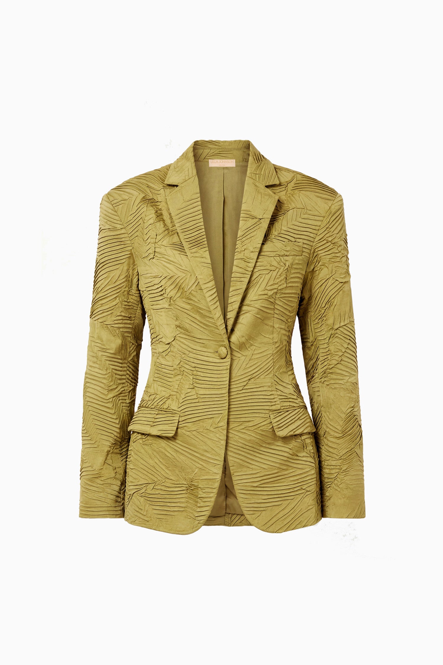 Ulla Johnson Moss Gold Textured Satin Blazer - Flat Lay, Single-Button Front | Ulla Johnson