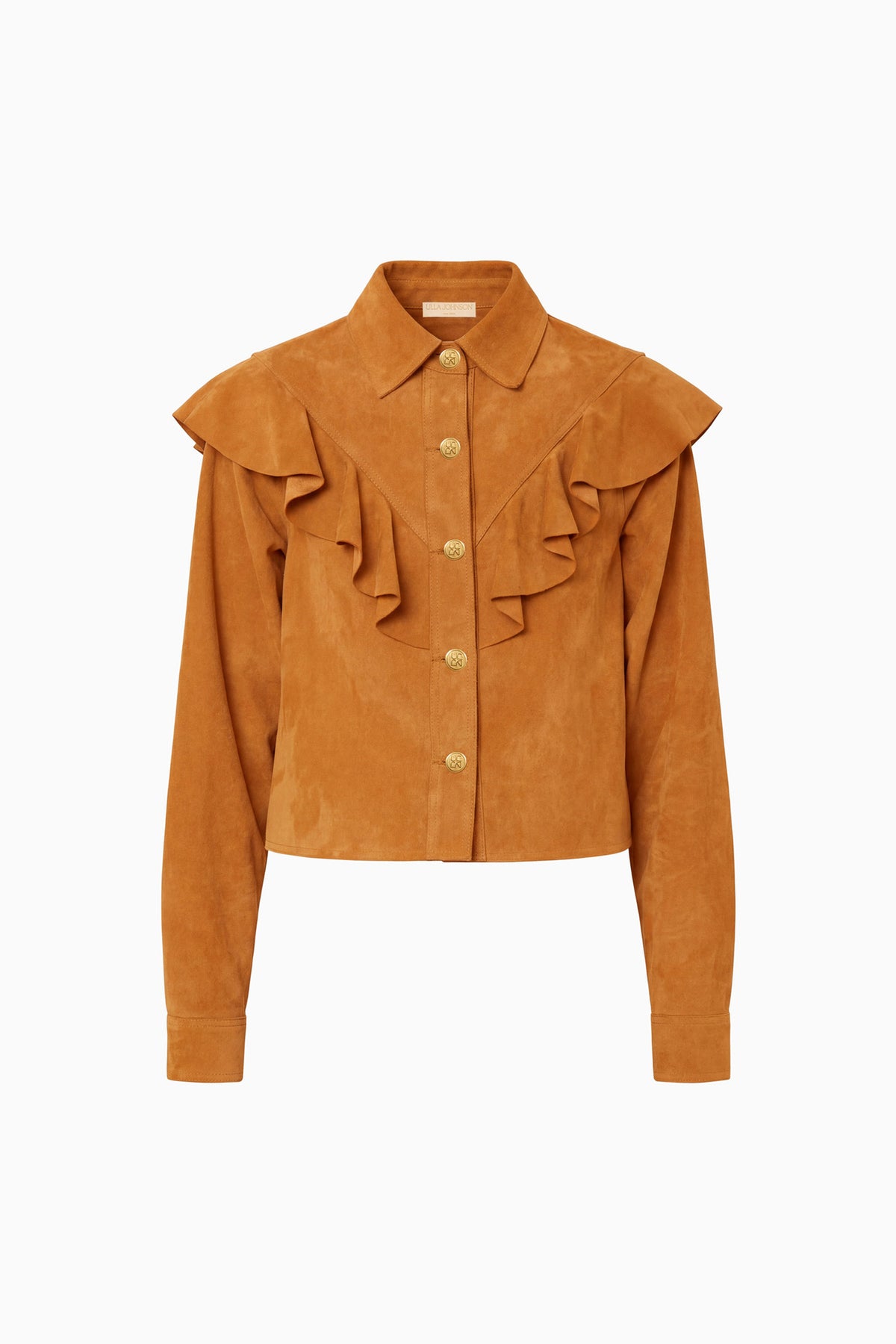 Cognac Lamb Suede Ruffle Jacket - Flat Lay, White Background, Luxury Designer Outerwear | Ulla Johnson