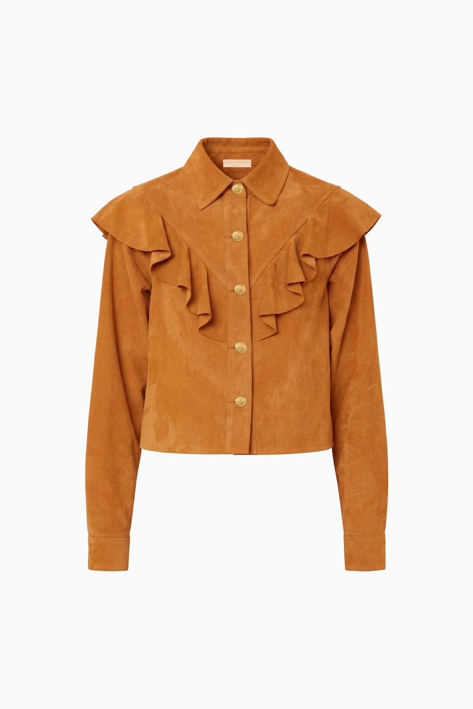 Cognac Lamb Suede Ruffle Jacket - Flat Lay, White Background, Luxury Designer Outerwear | Ulla Johnson