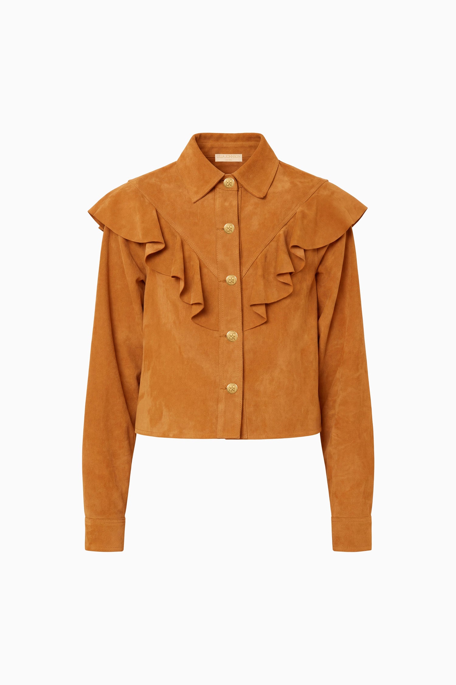 Ulla Johnson Cognac Lamb Suede Ruffle Jacket - Flat Lay, White Background, Luxury Designer Outerwear | Ulla Johnson