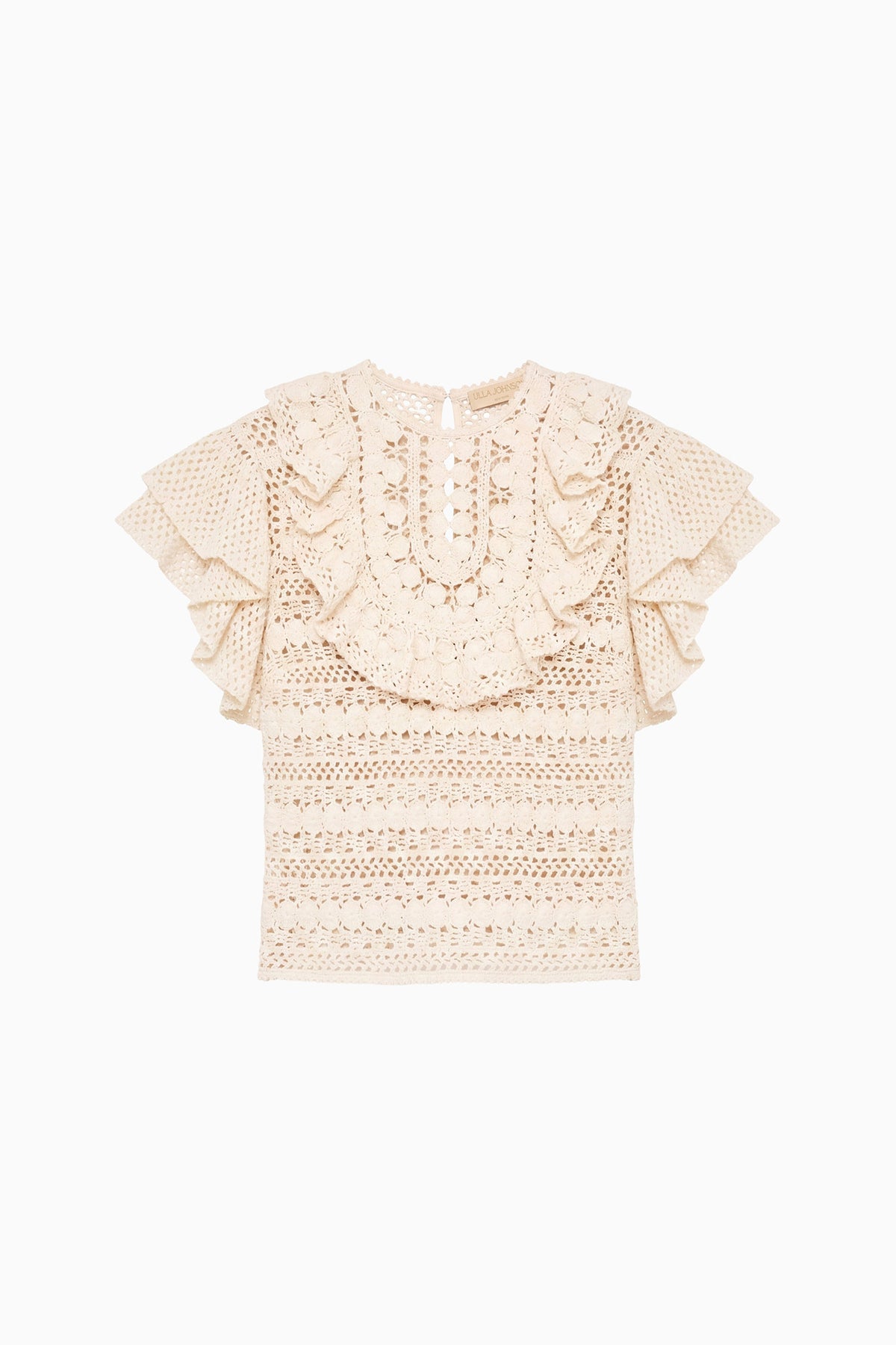 Cowrie Hand-Crochet Cotton Ruffle Top - Flat Lay, Luxury Designer Crochet Top | Ulla Johnson