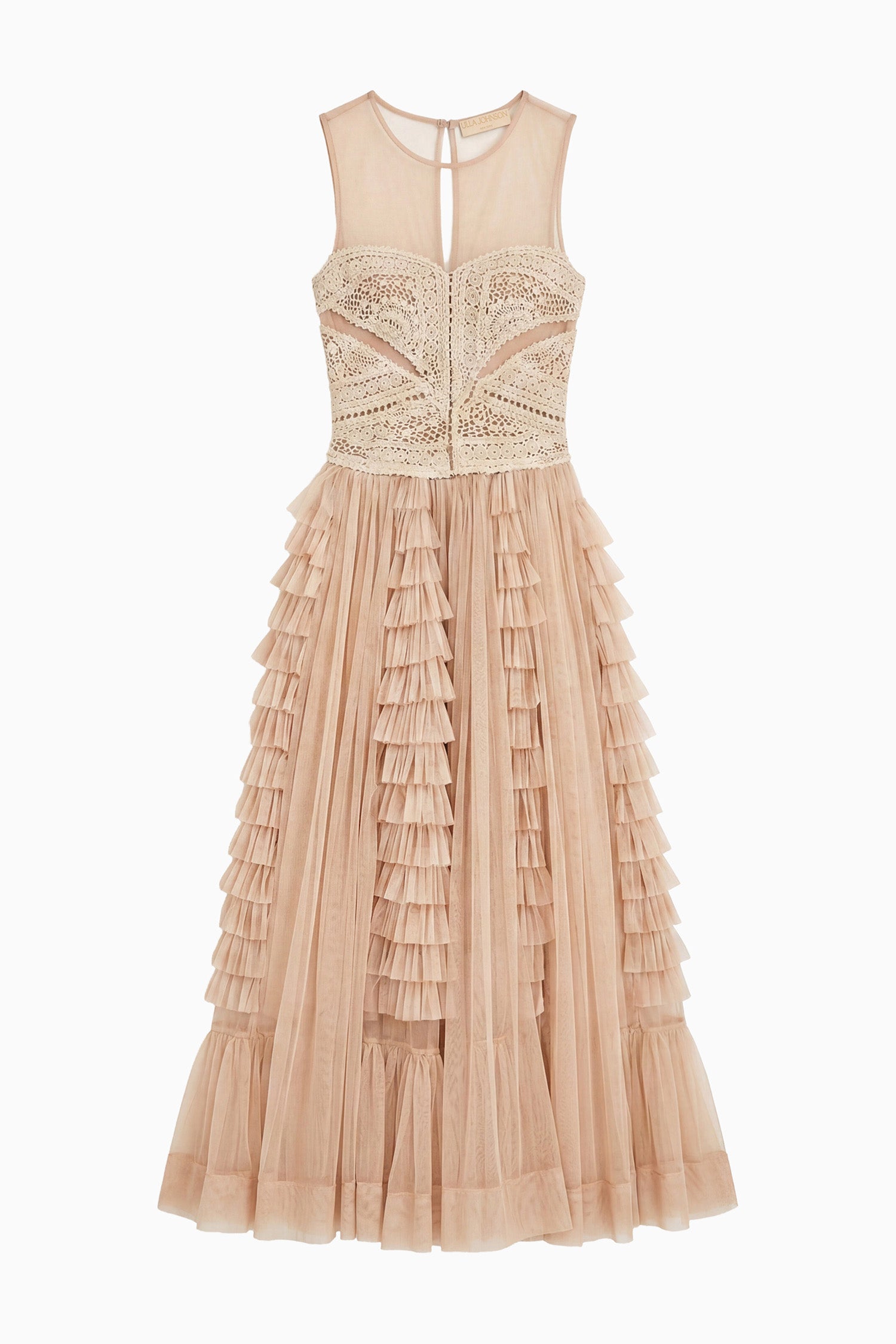 Ulla Johnson ⁣⁢Robe maxi designer en crochet et tulle Sandstone - Vue à plat, silhouette complète | Ulla Johnson⁤⁣