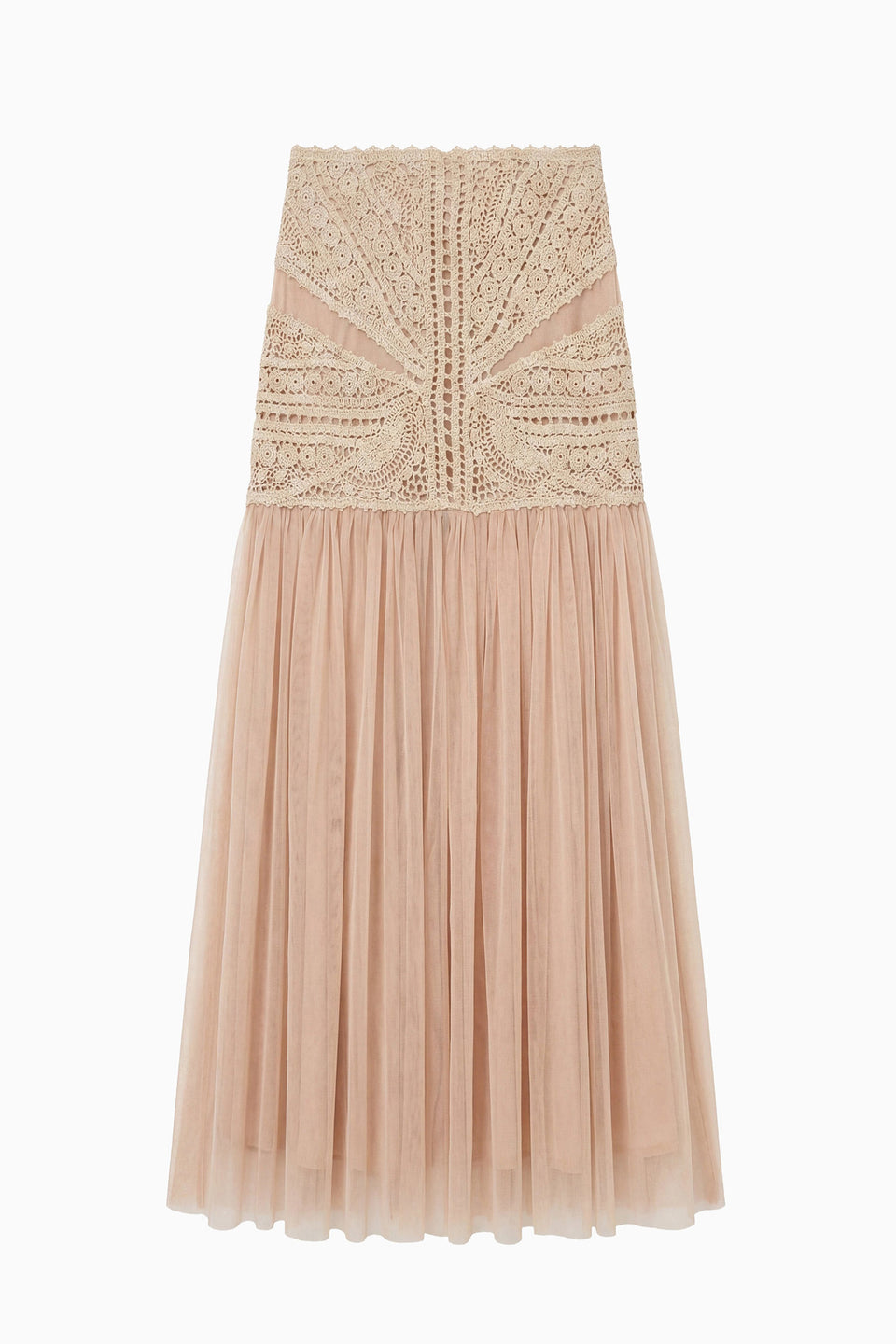 Sandstone Crochet & Tulle High-Waist Midi Skirt - Flat Lay | Ulla Johnson