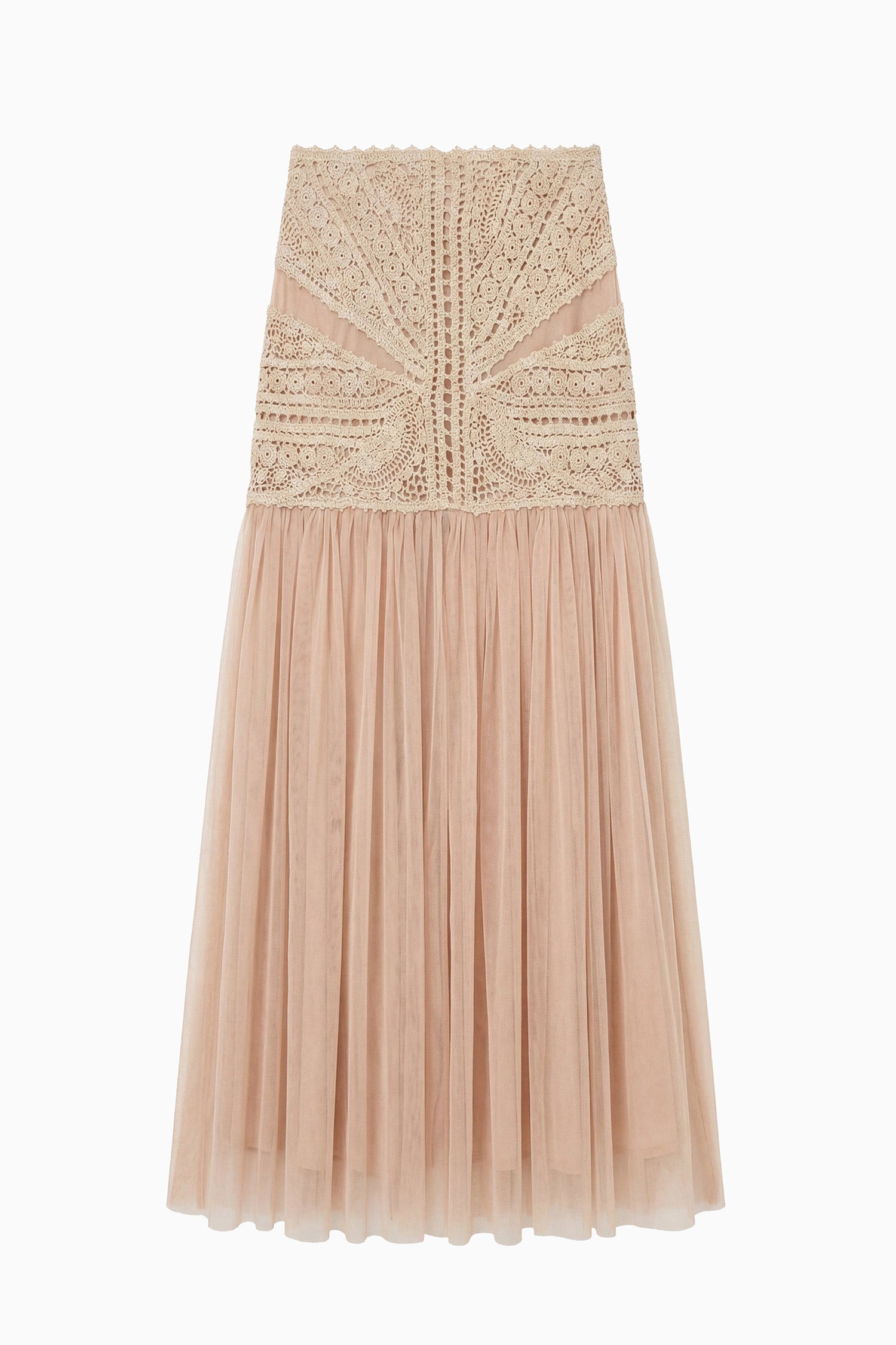 Ulla Johnson Sandstone Crochet & Tulle High-Waist Midi Skirt - Flat Lay | Ulla Johnson