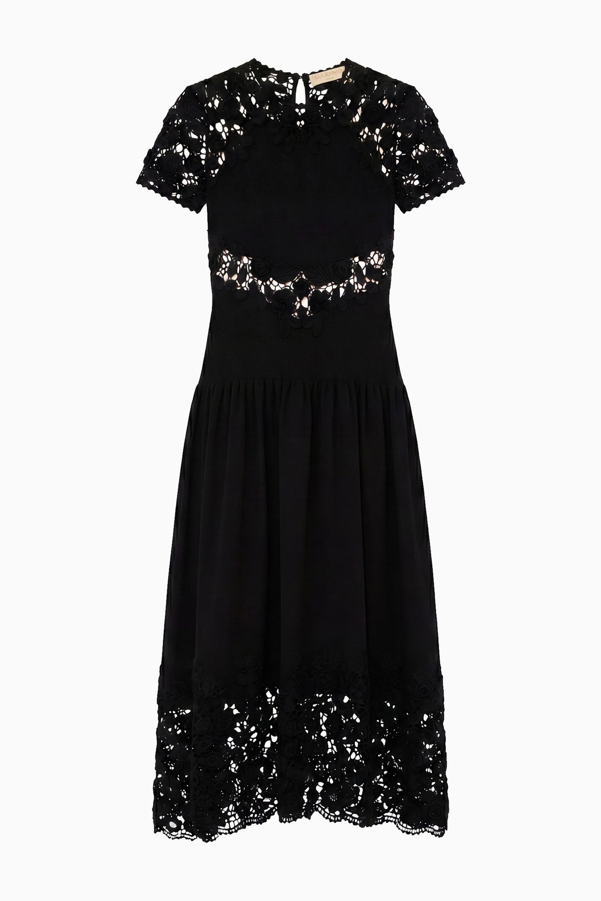 Black Luxury Crochet Short Sleeve Midi Dress, Flat Lay - Sabrina SS Crochet Dress | Ulla Johnson