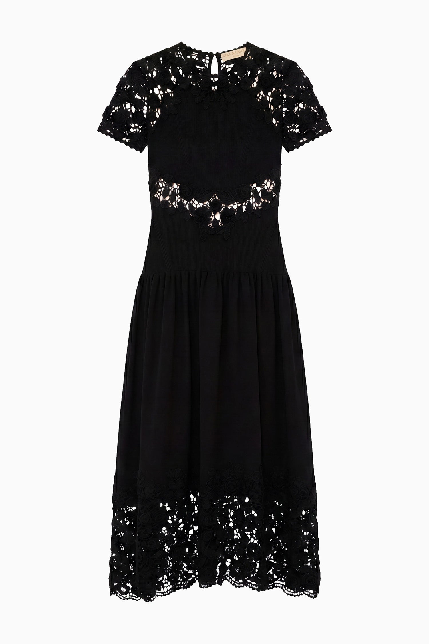 Ulla Johnson Black Luxury Crochet Short Sleeve Midi Dress, Flat Lay - Sabrina SS Crochet Dress | Ulla Johnson