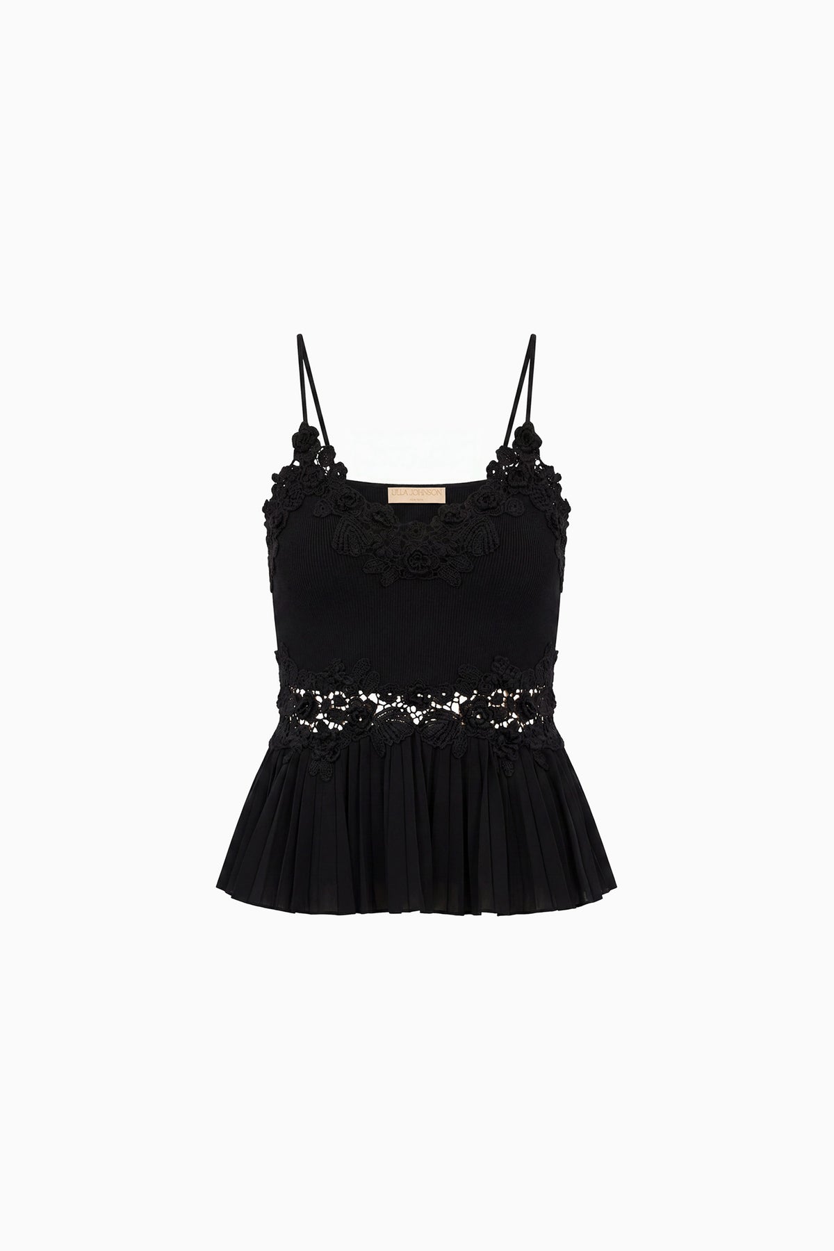 ⁣⁢Top peplum in crochet nero di lusso, orlo plissettato - Flat Lay | Ulla Johnson⁤⁣