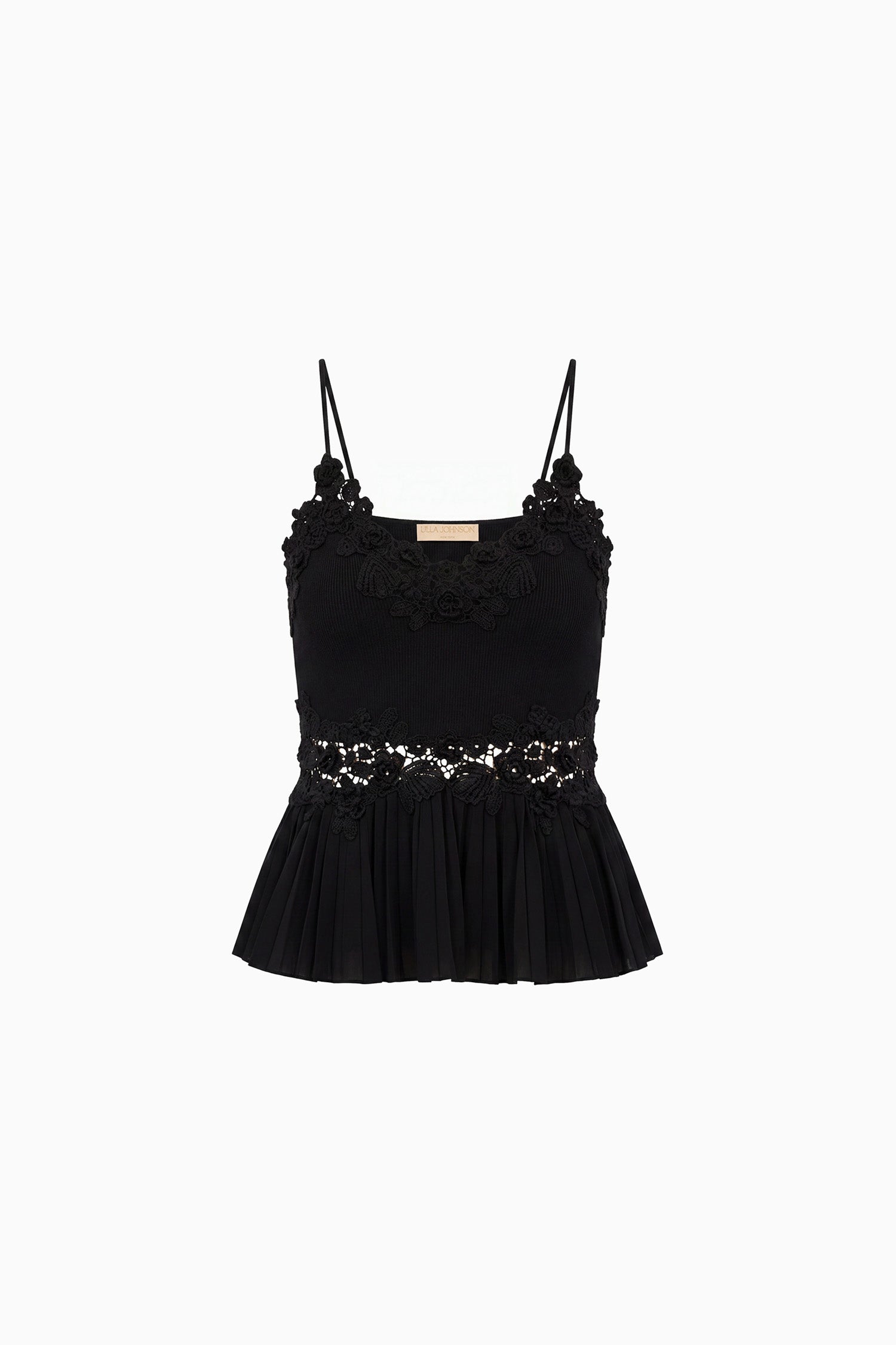 Ulla Johnson ⁣⁢Top peplum in crochet nero di lusso, orlo plissettato - Flat Lay | Ulla Johnson⁤⁣