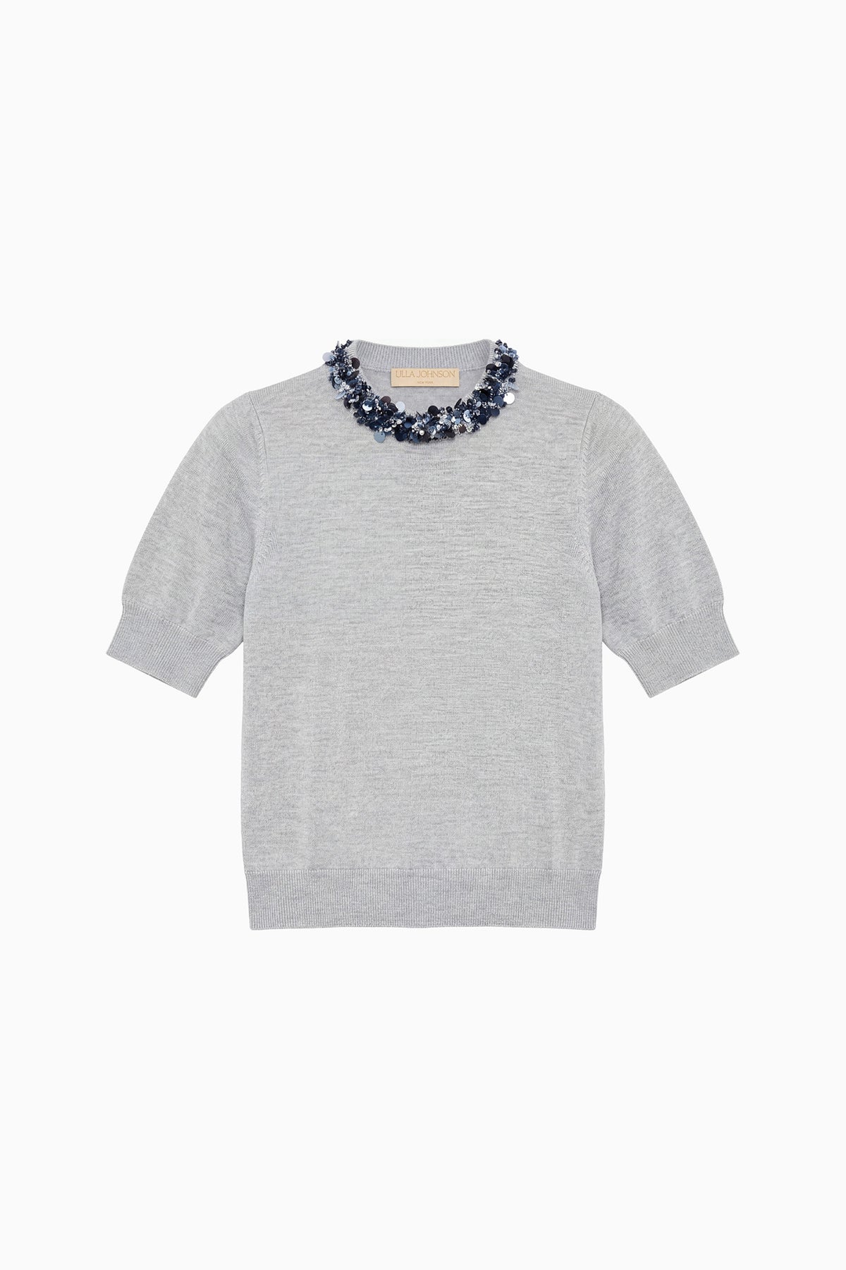Ash Grey Merino Wool Short-Sleeve Sequin Embellished Top - Flat Lay | Ulla Johnson