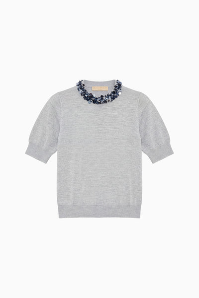 Ash Grey Merino Wool Short-Sleeve Sequin Embellished Top - Flat Lay | Ulla Johnson