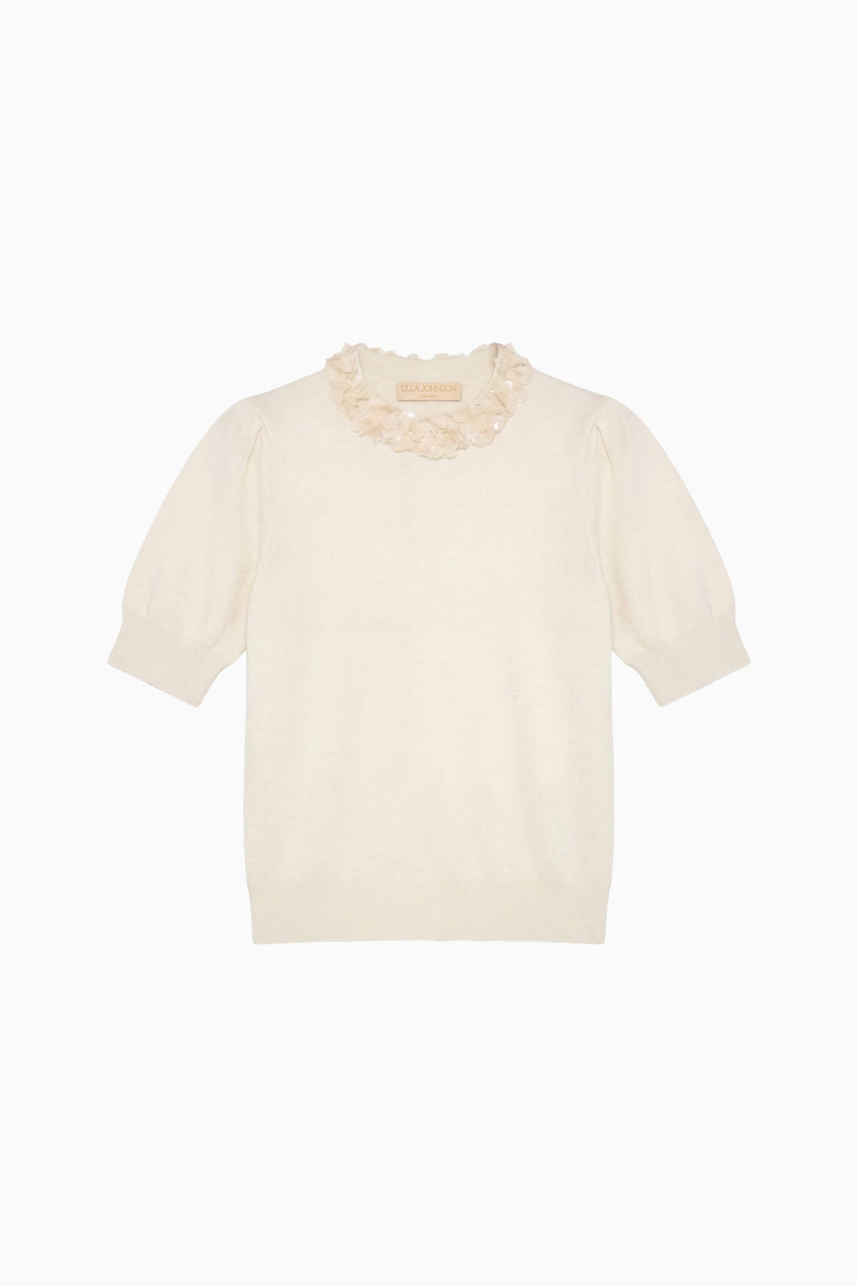⁣⁢Pearled Ivory Merino-Wolle Kurzarm-Top mit Verzierungen – Draufsicht | Ulla Johnson⁤⁣