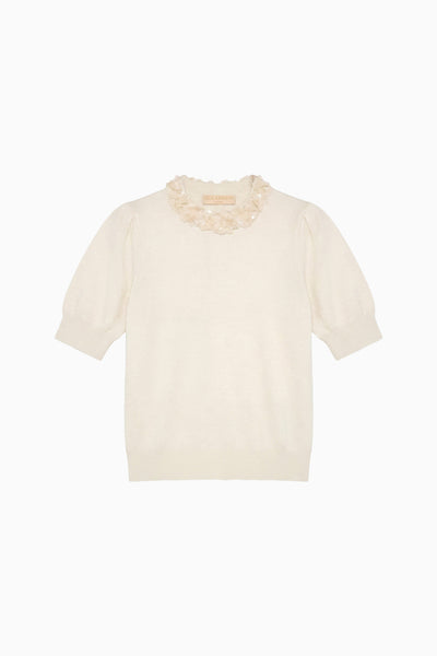 ⁣⁢Pearled Ivory Merino-Wolle Kurzarm-Top mit Verzierungen – Draufsicht | Ulla Johnson⁤⁣