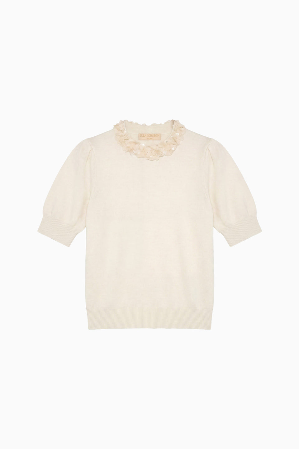 Pearled Ivory Merino Wool Short-Sleeve Embellished Top - Flat Lay | Ulla Johnson