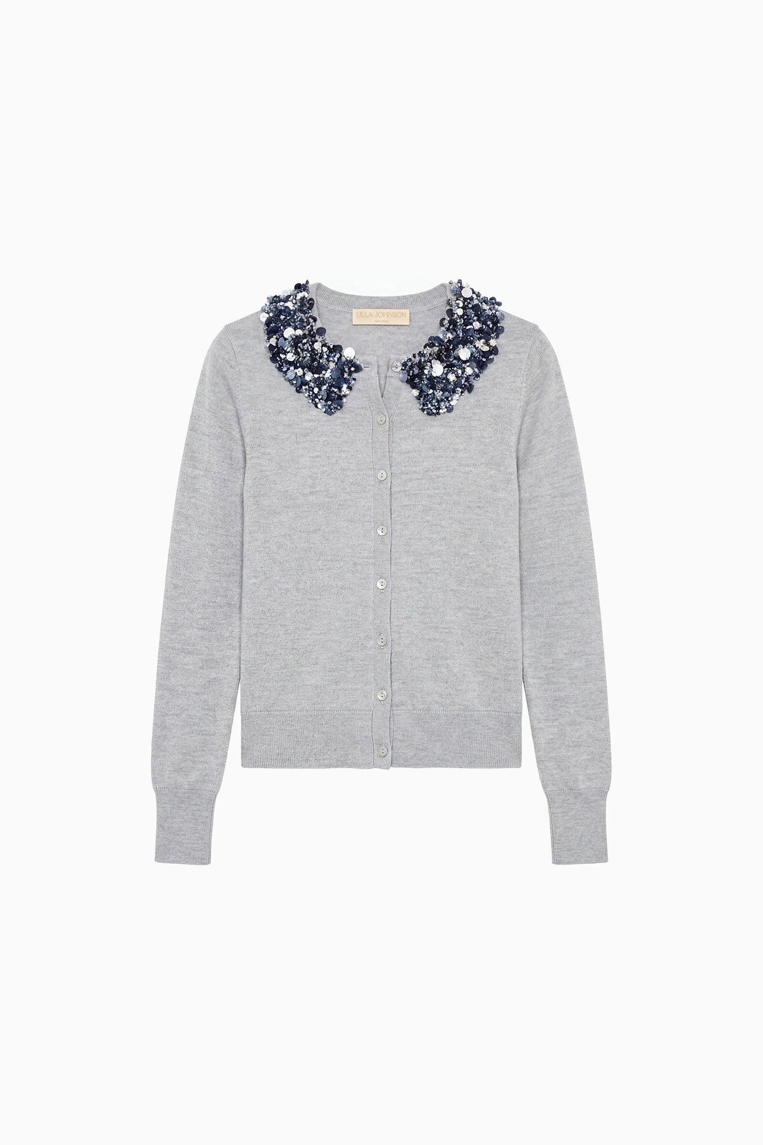Ulla Johnson Ash Designer Embellished Cardigan - Flat Lay with Sequin Embroidered Collar | Ulla Johnson