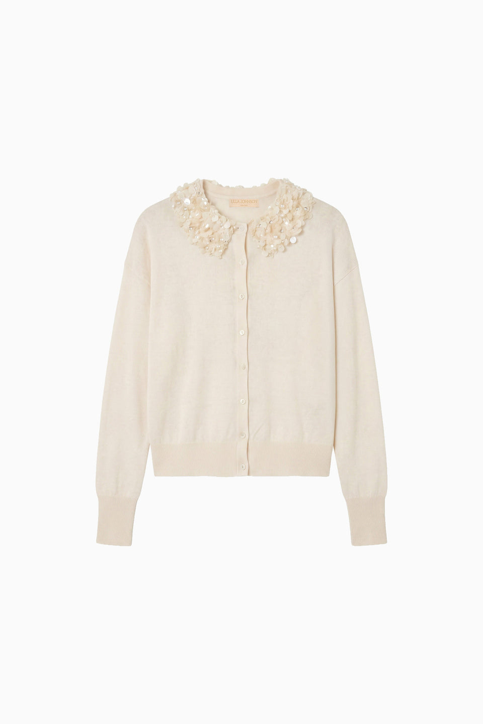 Pearled Ivory Merino Wool Embellished Cardigan - Flat Lay, Pearl Sequin Collar Detail | Ulla Johnson