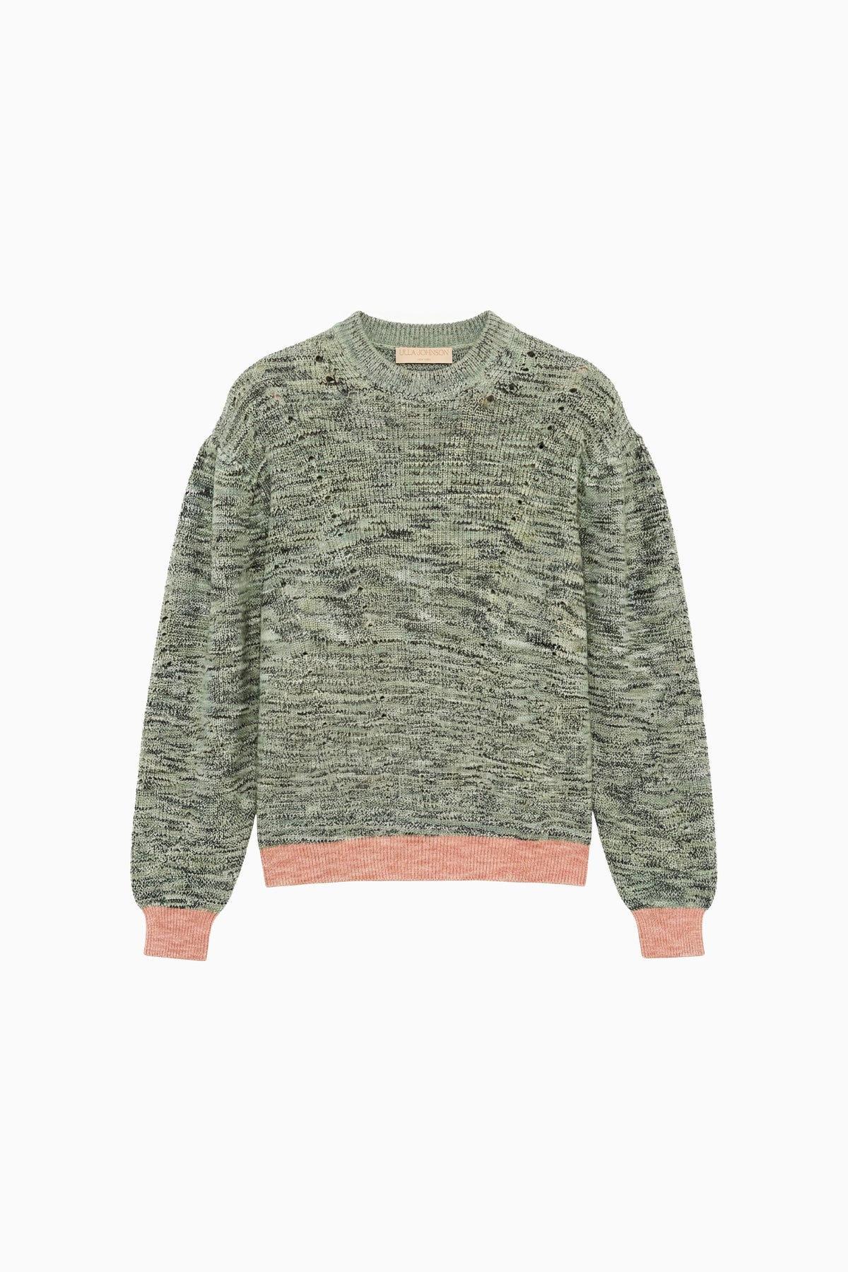 ⁣⁢Piedstone Jade Mélange Baumwoll Illesa Strickpullover mit Lachsfarbenem Besatz - Flat Lay | Ulla Johnson⁤⁣