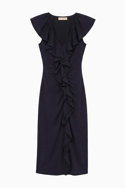 Midnight Navy Organic Cotton Ruffle Midi Dress - Flat Lay Front View | Ulla Johnson