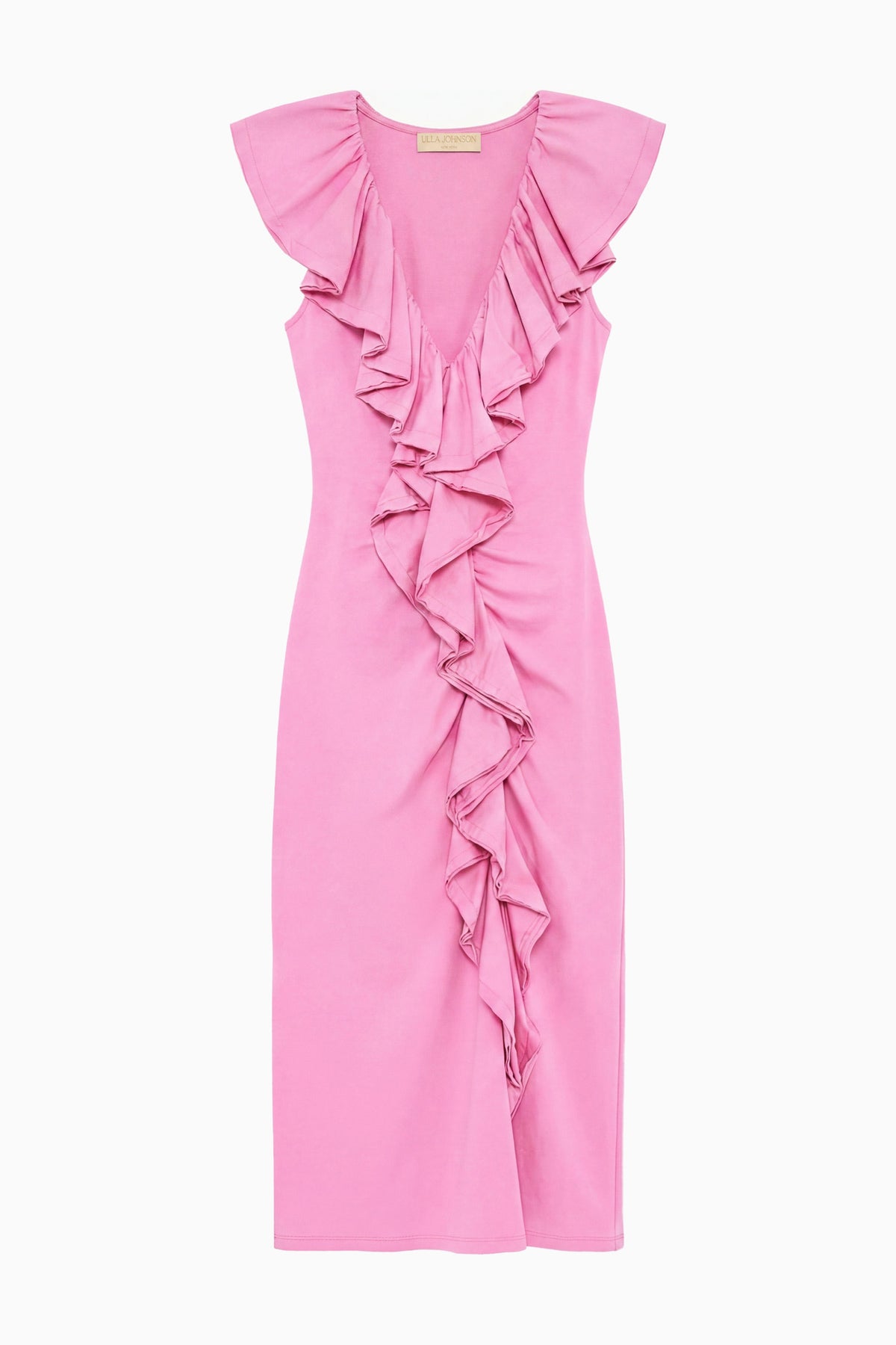 ⁣⁢Petunia Pink Designer Rüschen-Midikleid – Flat Lay mit kaskadierender Frontrüsche | Ulla Johnson⁤⁣
