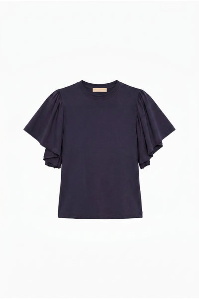 Midnight Organic Cotton Cordelia Top with Tiered Flutter Sleeves - Flat Lay | Ulla Johnson