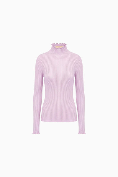 ⁣⁢Lilac Haut à col roulé en maille côtelée coton-soie - Vue à plat, fond blanc | Ulla Johnson⁤⁣