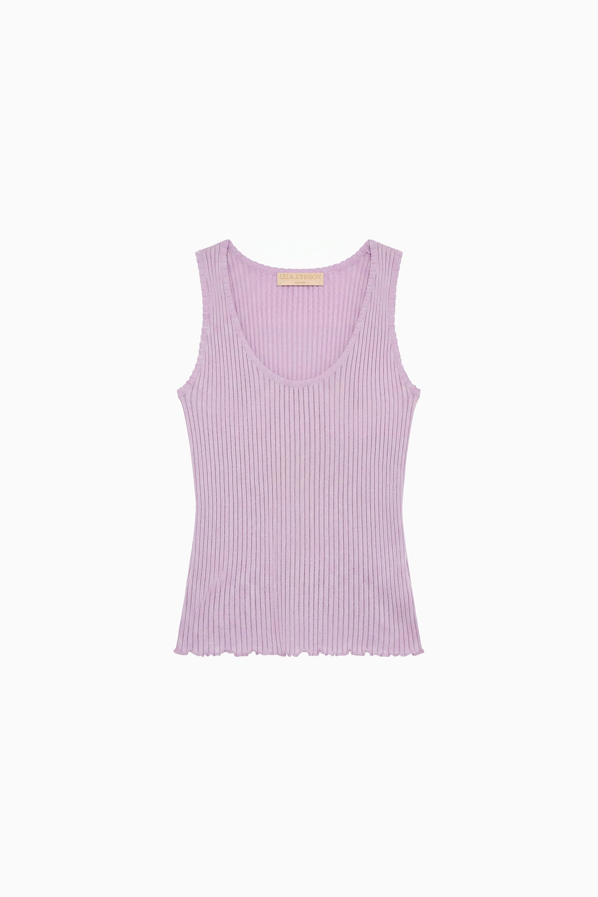 ⁣⁢Canotta di lusso in maglia a coste cotone-seta Lilac, orlo a volant - Vista prodotto in piano | Ulla Johnson⁤⁣
