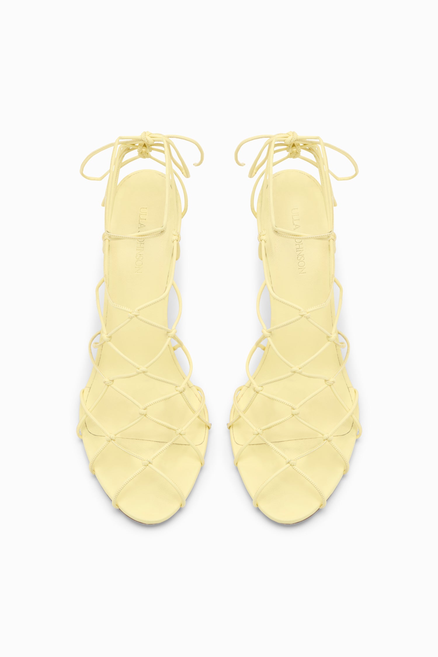 Ulla Johnson Lemon Vegan Leather Caged Ankle-Tie Heels - Top-Down Pair View | Ulla Johnson