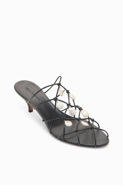 Noir Colette Designer Pearl Kitten Heel Sandal - Three-Quarter View | Ulla Johnson